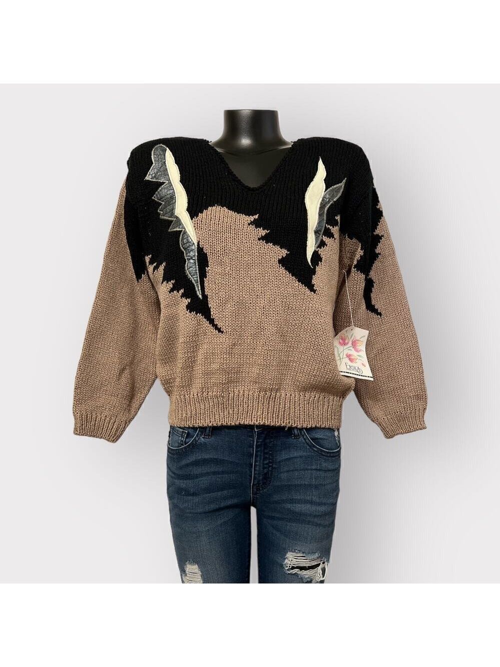 Erika VTG 80s Rockabilly Sweater NEW sz M Abstract Black Knit Preppy Winter Fall